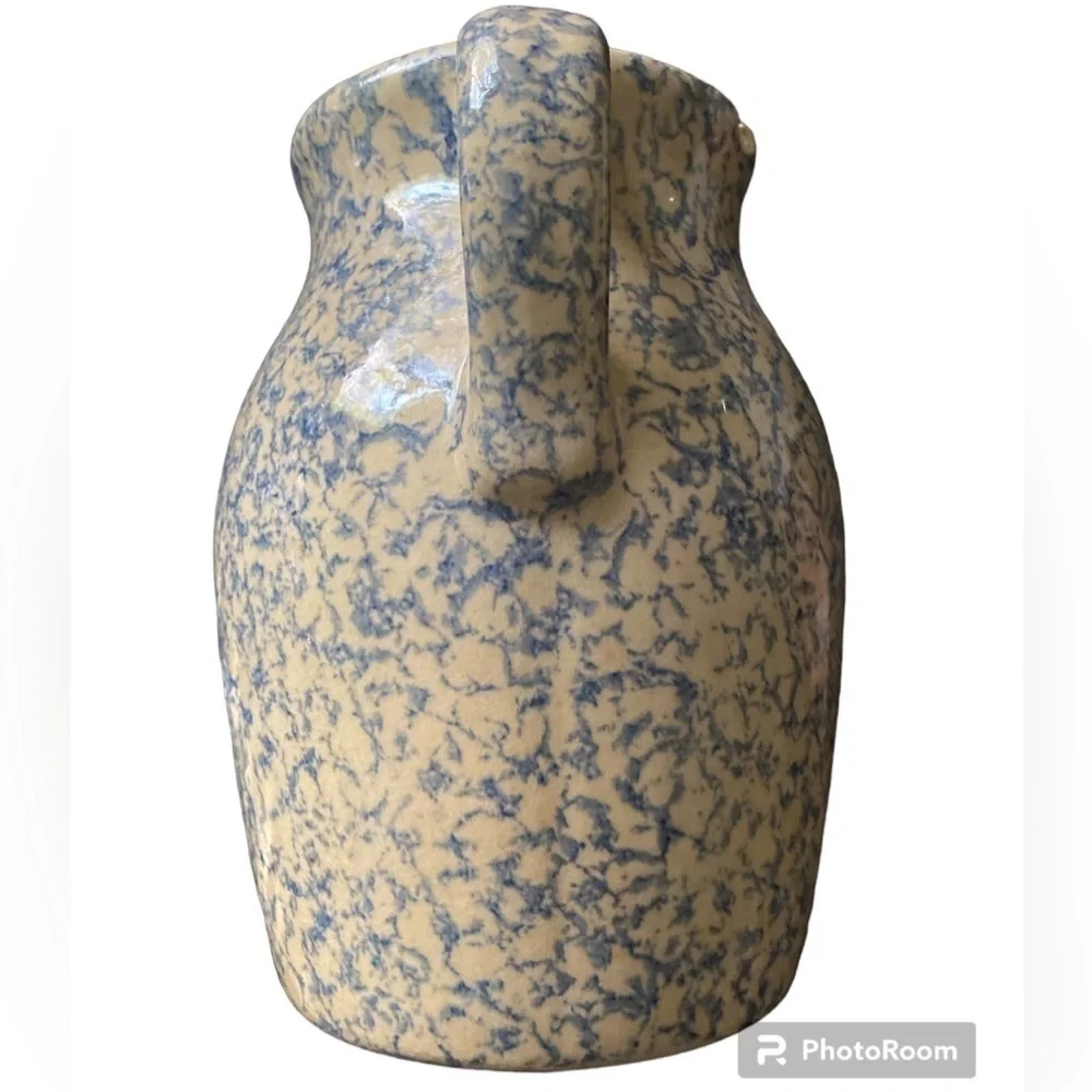 Vintage pottery pitcher blue sponge ware on beige 8.5
